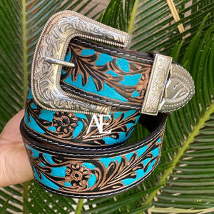 Ceintures en cuir véritable faites à la main, ceintures occidentales élégantes en cuir, ceintures unisexes de couleur turquoise, Inde - Product Image 1