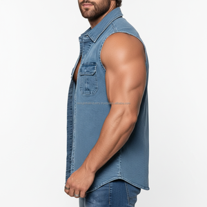 Gilet en jean sans manches pour homme, personnalisé OEM, bleu clair délavé, coupe ajustée, style débardeur, avec double poches et ourlet incurvé - Product Image 3