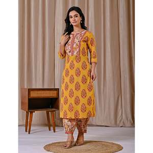 Conjunto de Kurta Afgana con Estampado Floral Amarillo, Estampado en Bloque Butta, Corte Recto, Hecho de Tela Popelina Informal - Product Image 5