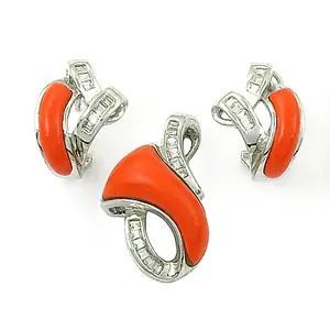 Juego de Aretes Finos para Mujer con Piedras Preciosas de Coral Plateado, Elegante Regalo de Joyería - Product Image 1