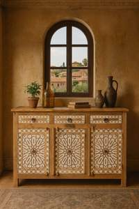 Buffet en bois massif artisanal traditionnel avec tiroirs de rangement et trois portes pour salon et hôtel - Product Image 2