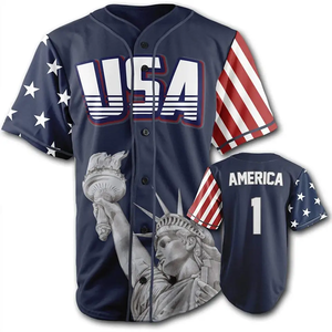 Maillot de baseball respirant anti-UV à impression intégrale USA, rouge, manches courtes, impression numérique, polyester, unisexe, 1 motif Statue de la Liberté - Product Image 3