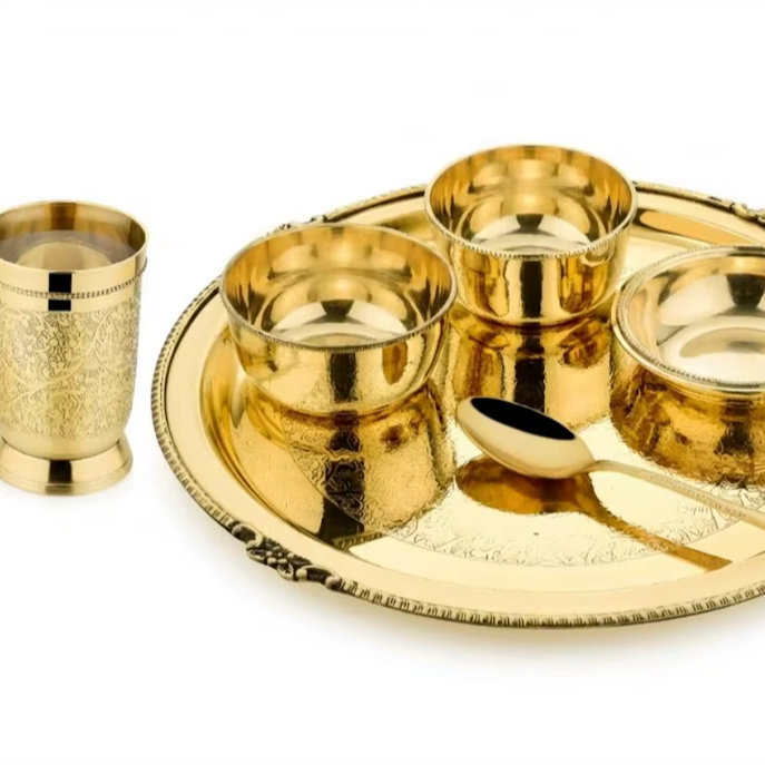 Indian Manufacturer 6 Piece Brass Dinner Set Engraved Solid Authentic Indian Dining Wedding Gifting Pure Brass Thali/Plate Set by TALUKA EXPORTS