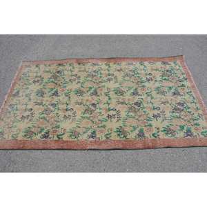 Tapis turc vintage en laine beige et vert, 3,6 x 6,2 pieds, fait main, grand tapis rectangulaire, design patchwork pour couloir, chambre en latex - Product Image 3