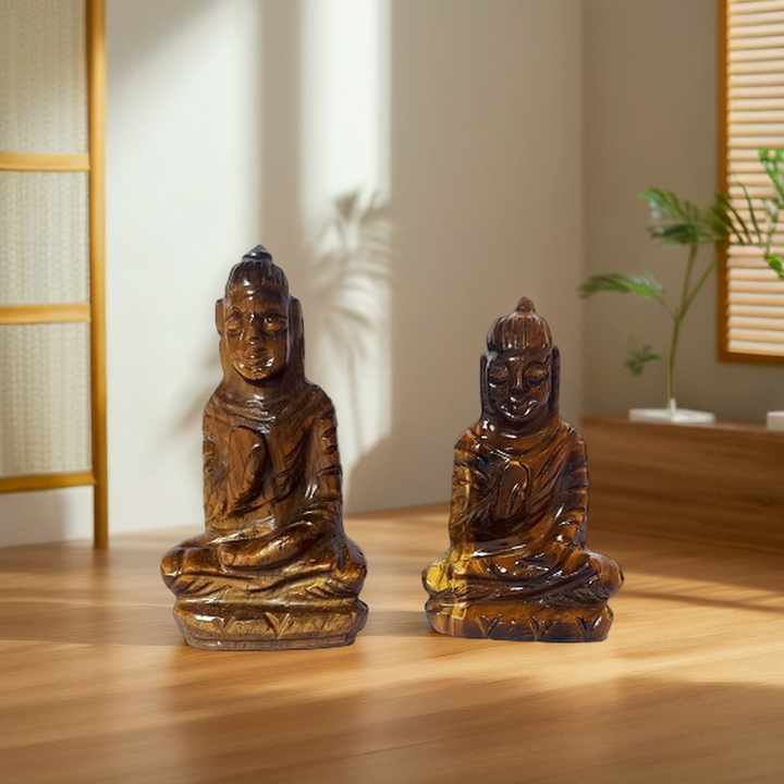 Handmade Tiger Eye Crystal Buddha Sculpture Natural Semi-Precious Stone Carving Feng Shui Artfully Crafted Healing Buddha Carved