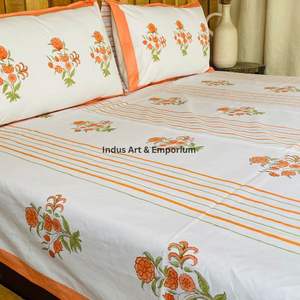 Indian Handcrafted Sanganeri Hand Block Printed Bedsheets <b>Bedding</b> Sets Bedsheet with Pillow Cover - Product Image 5
