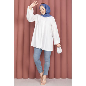 Tunique simple et tendance à manches ballon, détails froncés, en popeline de coton satiné blanc imprimé, décontractée pour le quotidien, tailles XL, L, XL, pour le printemps et l'automne - Product Image 4