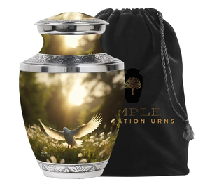 Urne funéraire en aluminium fabriquée à la main Finition enduite Meena Grande capacité de 220 cu Urnes funéraires gravées d'oiseaux dorés de qualité supérieure - Product Image 1