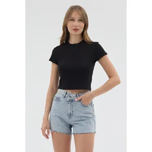 <b>Women's</b> Cotton Rib Crop <b>Top</b> 6-Pack-Breathable Short Sleeve Round Neck Tee (XS- L) - Product Image 5