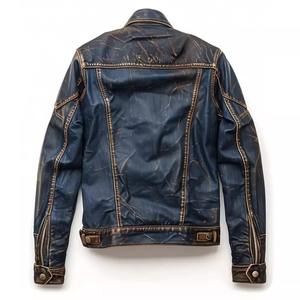 Veste en cuir de camionneur sur mesure en gros pour hommes Veste en cuir véritable en peau d'agneau Style vintage Bleu - Product Image 3