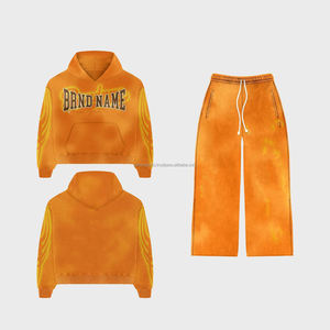 Survêtements de jogging à capuche vintage délavés à l'acide pour hommes 100% coton pantalon évasé solide survêtement imprimé - Product Image 1