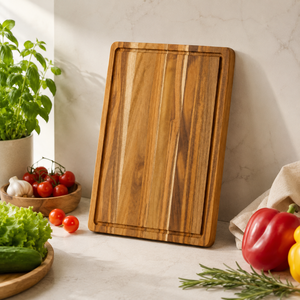 Planche à découper en teck massif, 2,5 cm d'épaisseur, robuste, avec rainure profonde pour le jus, idéale pour la viande, les légumes, les steaks et la découpe. - Product Image 2