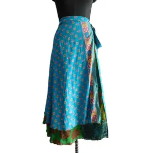 Kadın plaj kıyafeti elbise Vintage ipek Sari sihirli mini etek geri dönüşümlü çiçek el bloğu baskılı uzun göbek dans eteği