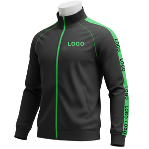 Ensemble de survêtement pour homme noir et vert, col roulé zippé, séchage rapide, design sportif avec logo imprimé, coupe classique, idéal pour l'automne - Product Image 2