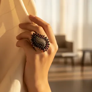 Bohemian Flower Cocktail <b>Ring</b> Garnet Marquise Stone Alloy Antique Bronze Plated Women's Party Jewelry - Product Image 3