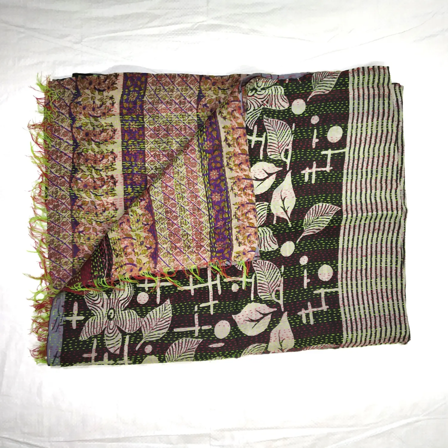 indian old vintage handmade kantha hand embroidered silk shawls/scarf/stoles