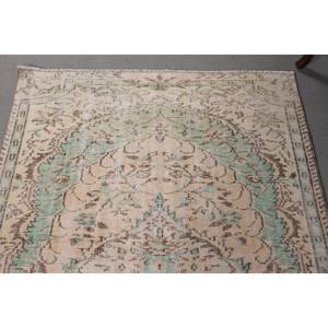 Alfombra turca clásica vintage Beige verde 4,7x7,7 pies lana hecha a mano con respaldo de látex patrón de retazos para cabecera - Product Image 5