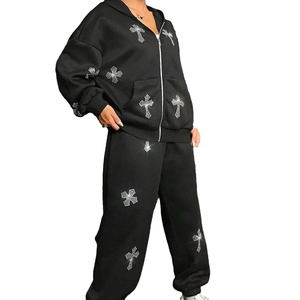 Tendance Rhinestone Survêtement pour femmes de haute qualité OEM quantité minimale de commande personnalisé 350Gsm coton lourd polaire pantalons de survêtement et sweat à capuche - Product Image 6