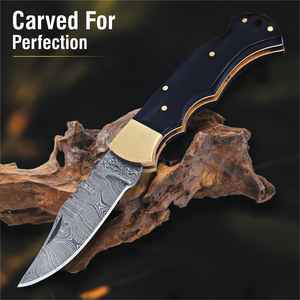 มีดพับพกพาได้ทำจากเหล็กดามัสกัสด้ามจับเขาวัวเครื่องมือยุทธวิธีในการตั้งแคมป์และล่าสัตว์ - Product Image 5