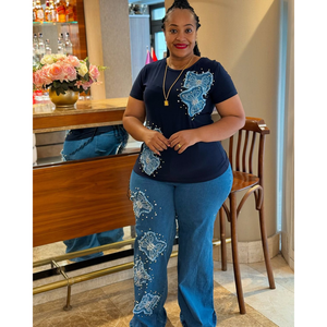 <strong>Plus</strong> <strong>Size</strong> Women's High Waist Wide-Leg Jeans Eco-friendly Exquisite Floral Embroidery Beadwork Stylish <strong>Denim</strong> Casual Daily Wear - Product Image 2