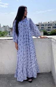 Robe longue en coton pour femme, style bohème de plage, imprimé en blocs, manches longues, taille naturelle, tissage tissé, longueur au sol, lavable - Product Image 2