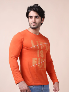 T-shirt 100% coton de haute qualité Orange avec manches longues et col rond Impression à la mode confortable Vêtements décontractés polyvalents - Product Image 5