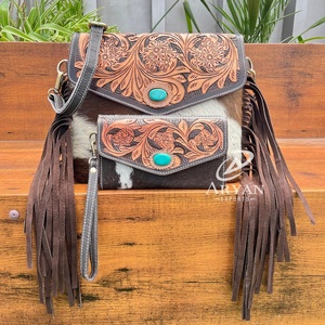 Vente chaude de haute qualité Durable usiné à la main en cuir de vachette véritable sac à main et pochette ensemble en gros 2 pièces Combo pour les femmes - Product Image 1