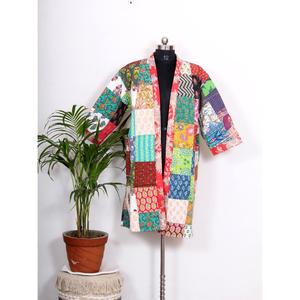 Étnico Indigo Kantha acolchado Kimono chaqueta hombro tejido a mano impreso algodón Elegante ropa festiva exportador indio cordón - Product Image 1