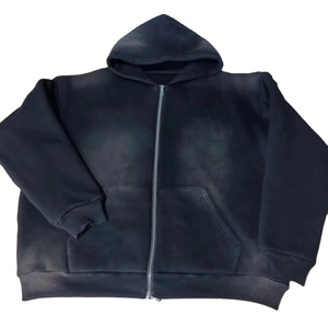 Custom Streetwear Hoodie No <b>String</b> Fleece Blank Zip Up Vintage Double Layer Acid Wash Sun Faded Distressed Hoodies For Men - Product Image 1