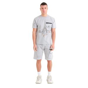 Conjunto Deportivo de Dos Piezas para Hombre, Camiseta y Pantalones Cortos Grises y Azules con Diseño de Manga a Rayas, Perfecto para Uso Diario y Entrenamiento - Product Image 1