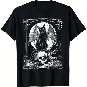 Camiseta con Gráfico Gótico de Calavera de Murciélago Místico, Estilo Punk de Metal Negro Unisex, 100% Algodón, Perfecta para Actividades al Aire Libre, Informal, Moderna y Atrevida - Product Image 1