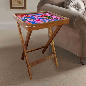 Mesa de bandeja plegable de madera y resina con estampado de hojas rosas, mesa de servicio pulida portátil para decoración del hogar - Product Image 2