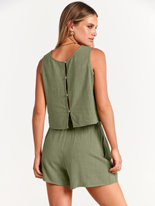 Ensemble de deux pièces été personnalisé simple décontracté haut sans manches en coton lin et short - Product Image 2