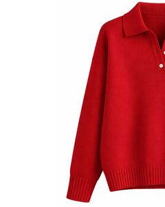 Pull en tricot à col polo pour femme personnalisé, rouge, à manches longues, doux, haut d'hiver décontracté, coupe ample, OEM personnalisé, vente en gros - Product Image 3