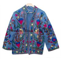 Chaqueta de algodón ecológico acolchada de punto para mujer, estilo étnico, cuello redondo, manga larga, diseño Suzani a rayas, venta al por mayor, invierno
