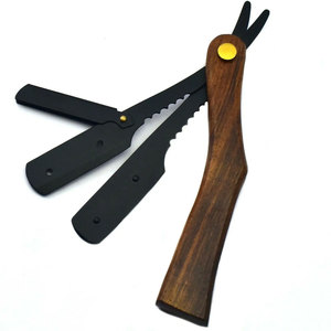 Maquinilla de afeitar desechable para peluquero profesional con mango de madera negra mate, cuchillo plegable de hoja recta para uso en salón de afeitar - Product Image 3