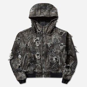 2025/2026 Men's Hard-Washed Damaged Denim Hooded <b>Zip</b>-<b>Up</b> <b>Jacket</b> Black Front Logo Eco-Friendly Windproof - Product Image 1