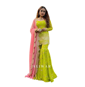 El último conjunto de Sharara Gharara Kurti bordado indio, tela de Georgette, hermoso diseñador pakistaní, Ropa Étnica personalizada, 3 uds. - Product Image 1