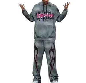 Nouvelle offre spéciale personnalisé Zip Up survêtements en détresse Patch acide lavage à capuche et pantalons de survêtement ensemble survêtement évasé pour hommes - Product Image 2