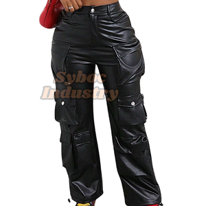 Pantalón cargo de cuero negro con múltiples bolsillos para mujer, pantalón de cuero de pierna ancha holgado con estilo, regalo para novia - Product Image 5
