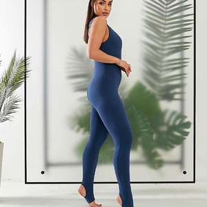 Combinaison sportive une pièce à col carré uni, manches longues, taille ajustée, pantalon évasé, en spandex/nylon pour femmes - Product Image 3