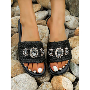 Pantoufles plates de style bohème pour femmes décontractées pour la fête plage loisirs strass perle décor - Product Image 1