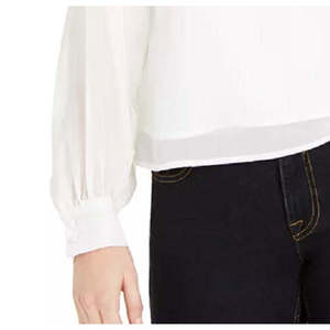 Camicetta da donna bianca tinta unita con ricamo in pizzo, in tessuto popeline, taglia XL - Top formale lungo con collo alla coreana e maniche a volume - Product Image 3