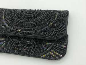 Black Seed Beaded Evening Clutch Purse With Hand Embroidered Beads With Detachable Chain - Product Image 6