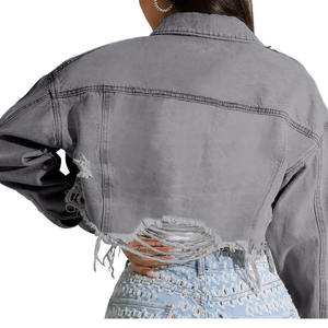 Chaquetas de mujer recortadas Jean moda corta genuina chaqueta de mezclilla ligera ajustada elástica con bolsillos ropa de moda - Product Image 4