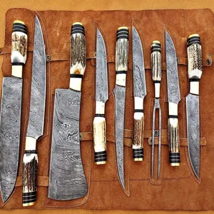 مخصص مصنوع يدويًا 9 قطع مقبض قرن الوعل مطبخ سكاكين الشيف طقم حفلات شواء مع حقيبة لفة سكين جلدية
