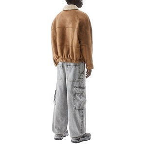 Vestes d'hiver de qualité de luxe pour hommes en cuir PU chaud avec fermeture éclair polaire col rabattu manteaux toile tissu kaki col montant - Product Image 2