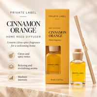 Diffuseur de parfum en bâtonnets à la cannelle et à l'orange, marque privée, 45 ml |   Parfum d'ambiance pour la maison aux senteurs d'agrumes et épicées |   Fabricant OEM Espagne