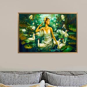 Impression sur toile d'art avec cygnes élégants - Décoration murale moderne avec femme nageuse, 1P : encadré or - Product Image 1