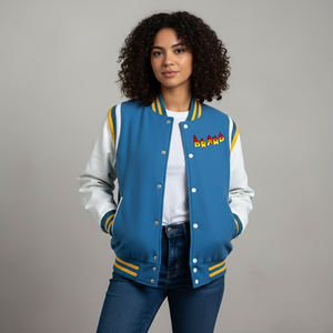 Veste universitaire pour femme avec logo imprimé en sérigraphie personnalisée OEM/ODM, 100% laine, bicolore, respirante, chaude, style hip-hop, doublure en coton avec rivets - Product Image 1